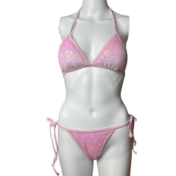Terry Cloth and Sequin String Bikini Pink Size Medium - Picture 1 of 4